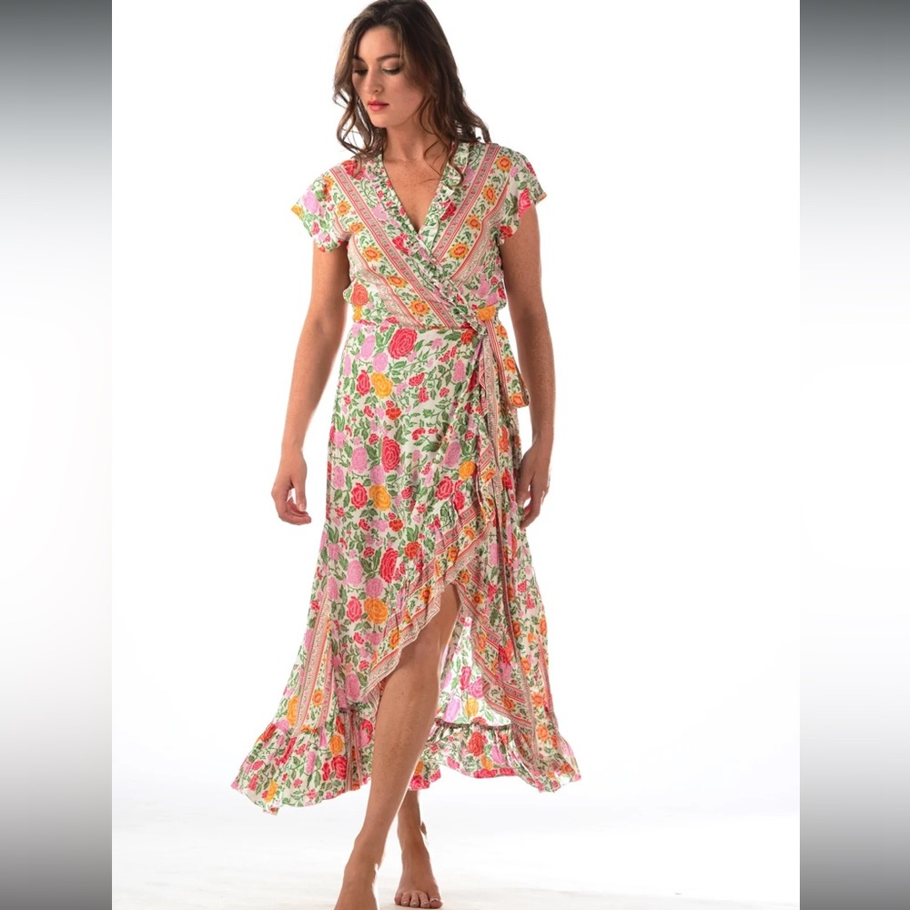 Walker & Wade Voyager Dress Floral Wrap Maxi Dress Ruffle Medium